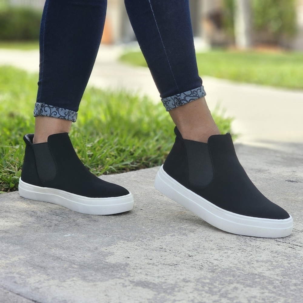 Black Nubuck Chelsea Style High Top Sneakers for Women Slip On